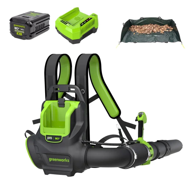 Greenworks 800CFM Backpack Blower (1) 4ah Battery and Leaf Tarp