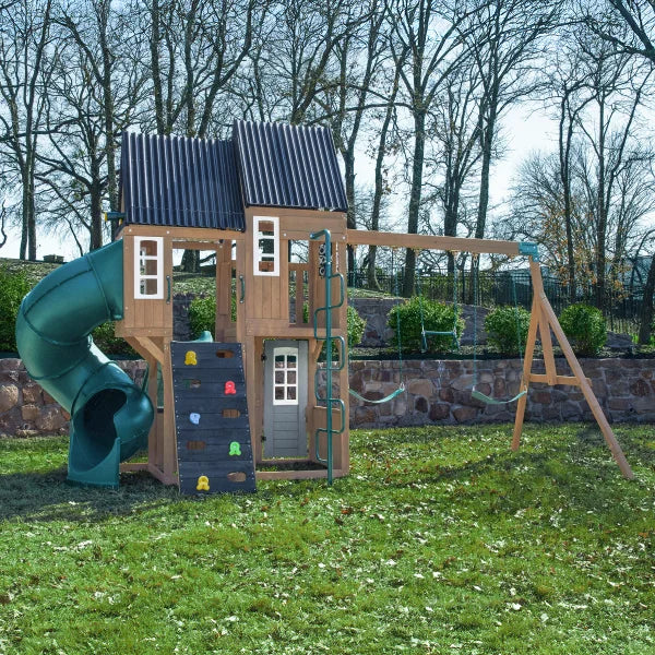 KidKraft Acadia Manor Wooden Outdoor Swing Set with Two Slides