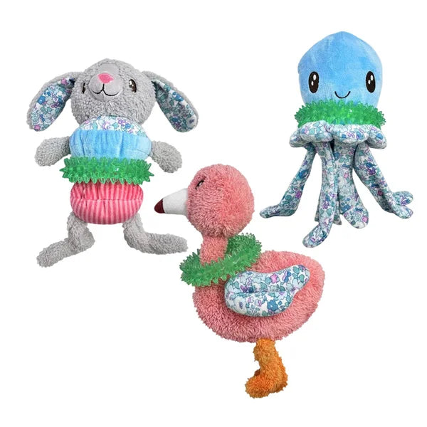 Happy Tails Ring Rascals, Flamingo, Octopus, Rabbit Dog Toys, 3-count