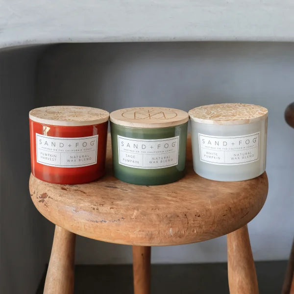 Sand + Fog Set of 3 12oz Candles with Carved Wood Lids