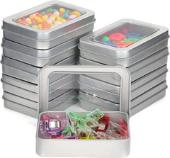 Silver Metal Storage Tin Box with Lid (10 Pack) - 9 x 6.3 x 1.8cm / 3.54 x 2.48 x 0.71 Inches - Small & Portable Non-Hinged Empty Containers - Mini Rectangular Home Craft & Survival Container