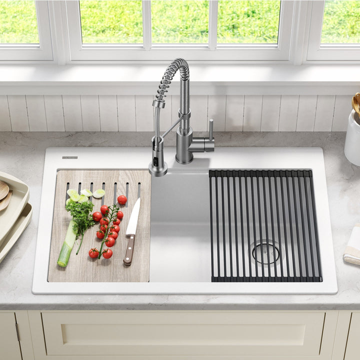 33" Drop-In Single Bowl Granite Kitchen Sink with Commercial Kitchen Faucet