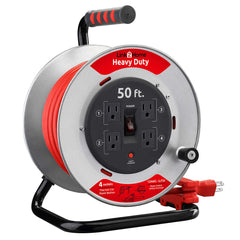 Link2Home Heavy Duty Professional Grade Metal Cord Reel – High Visibility 50 ft. 12 AWG SJTW Extension Cord with 4 Power Outlets
