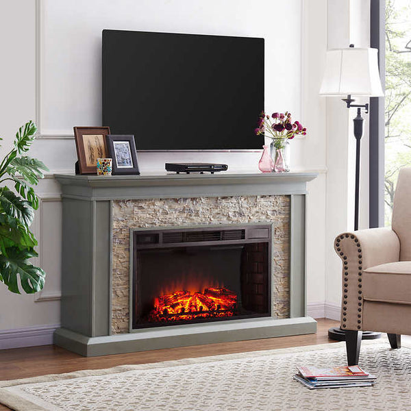 Ledgestone Electric Fireplace with Stacked Stone – White / Gray