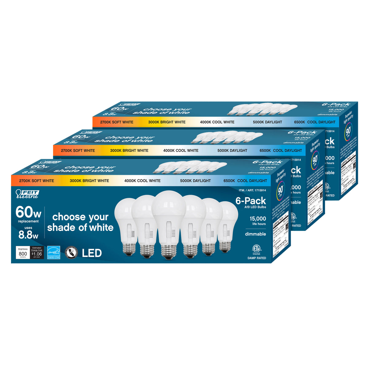 60W Replacement 5-CCT LED A19 Bulbs, 18-Pack