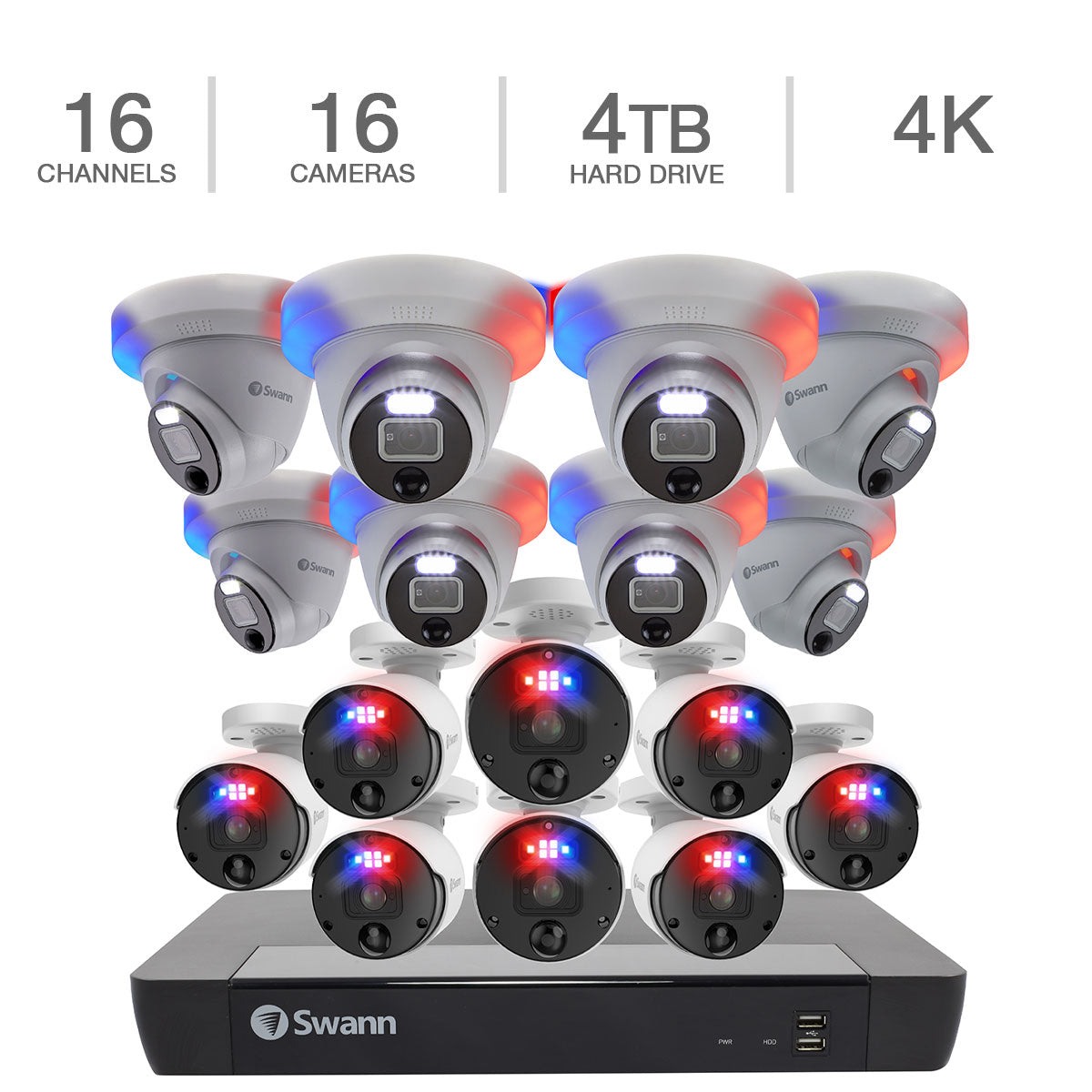 Swann Pro Enforcer 4K Ultra HD Indoor/Outdoor Wired Security Camera System, 16-Channel NVR 4TB HDD, 8 Bullet & 8 Dome Cameras w/ Two-Way Audio & Siren Image